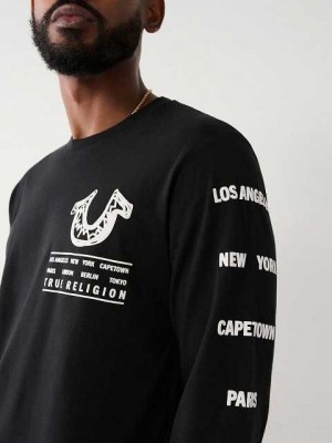 Camiseta True Religion Long Sleeve Logo Tour Hombre Negras | Colombia-MRFHOPG47